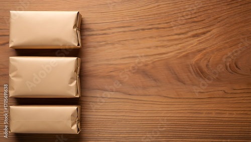 Three golden wrapped gifts on a wooden table surface in a top down perspective view