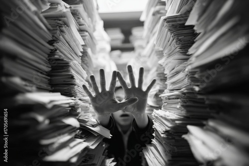 Businessman raising hands showing stop sign in archive room full of documents