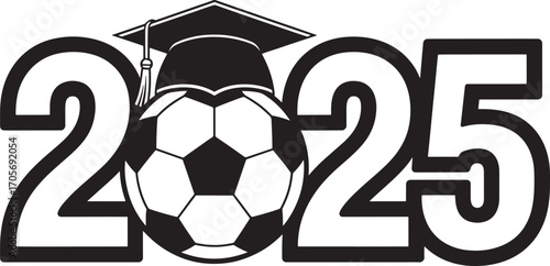 2025 graduation cap and soccer ball black and white vector graphic football