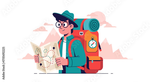Adventurous hiker with backpack exploring a map in the mountains for navigation.