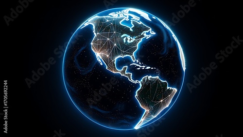 Digital Earth Globe with glowing connections representing global network and communication systems across continents