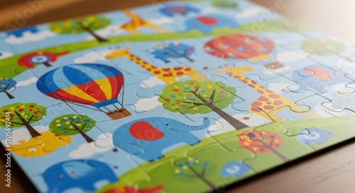 Wallpaper Mural Colorful jigsaw puzzle with animals, balloon, and tree illustration. Torontodigital.ca