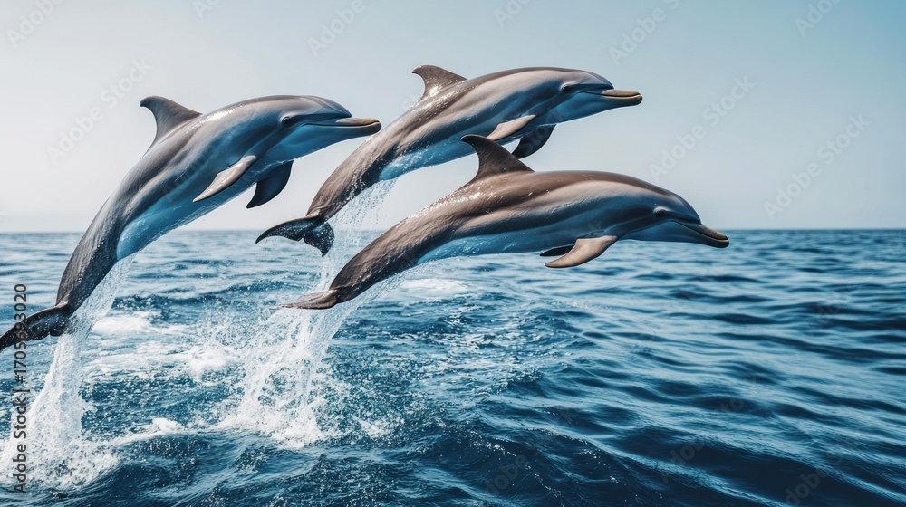 Naklejka premium Three dolphins leap gracefully out of a serene ocean