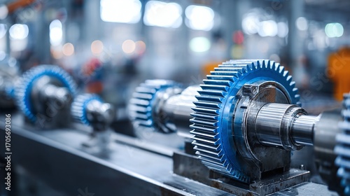 Gears on a production line, shining in a factory setting. Precision engineering and industrial progress displayed in metallic perfection. Focus on mechanical components.