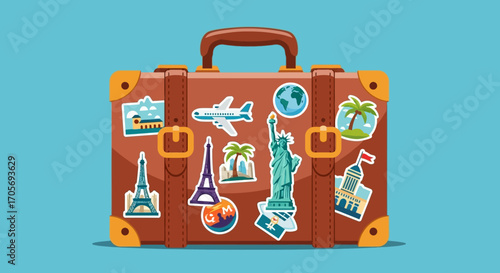 Brown suitcase with travel stickers representing different destinations around the world.
