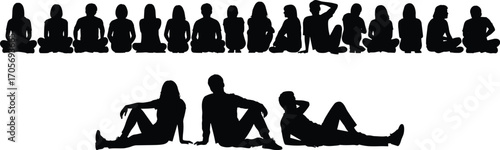 Black silhouette set of seated human poses, cross-legged meditation and relaxed sitting styles for lifestyle, wellness, and posture reference