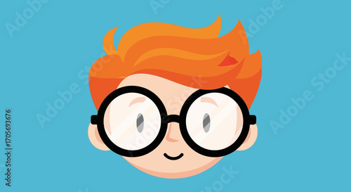 Cartoon illustration of a young boy with orange hair and glasses.