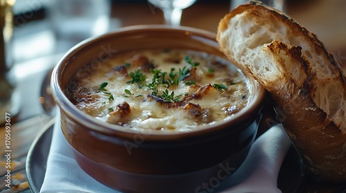 A close-up of french onion soup with melted cheese and toasted bread