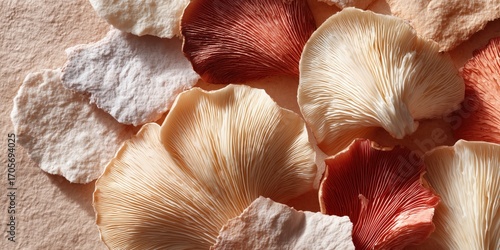 Assorted dried mushrooms, spices, and salts arranged on natural parchment background. Perfect for culinary concepts, gourmet recipes, organic food, healthy lifestyle, and rustic kitchen design.