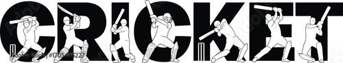 Creative cricket typography with player silhouettes, bold black letters integrated with batting, bowling, fielding poses for sports vector design