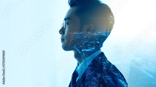 Futuristic business vision concept with a double exposure of a businessman's silhouette and a glowing modern cityscape
