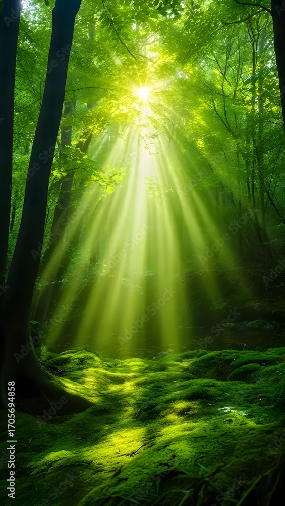 Fototapeta premium Sunlight filtering through trees in lush forest creating ethereal atmosphere and light rays