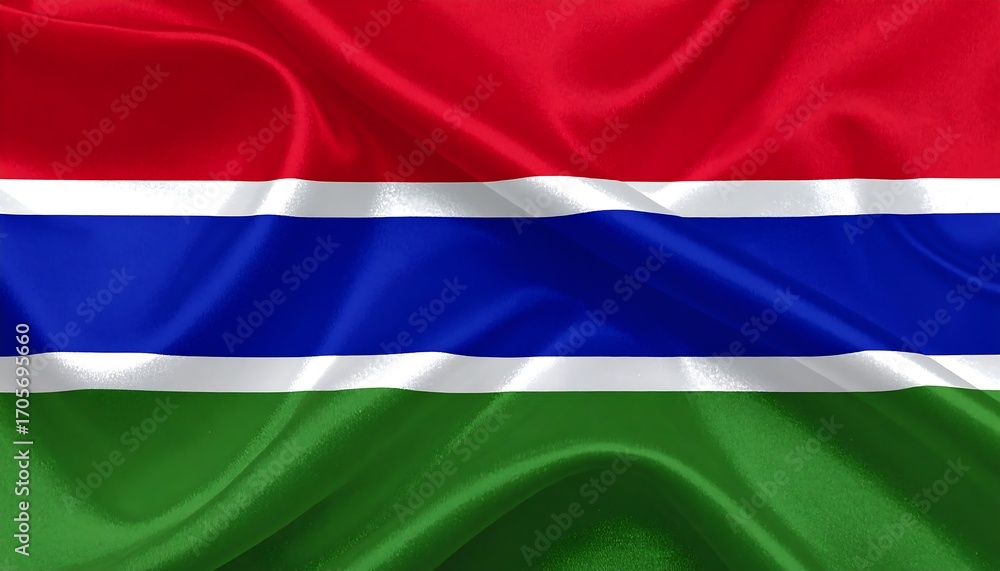 Fototapeta premium Gambian flag with red, blue, and green horizontal stripes separated by thin white bands, symbolizing sun, river, and land.