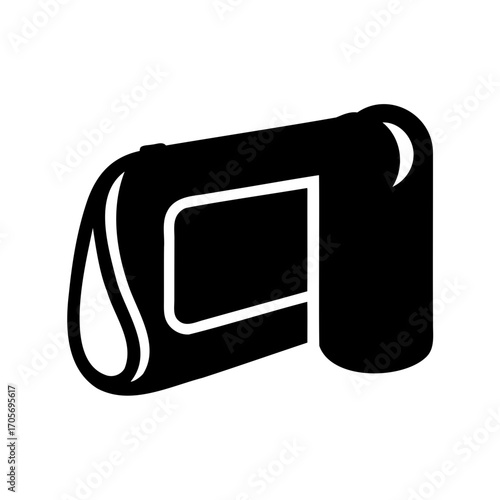 A black and white graphic representation of a vintage camera design