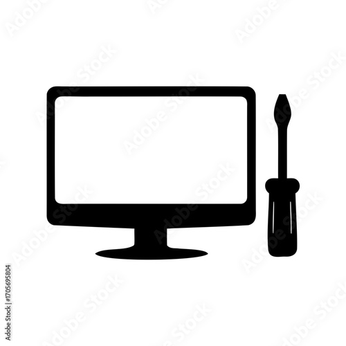 Computer repair icon with a monitor and a screwdriver for servicing