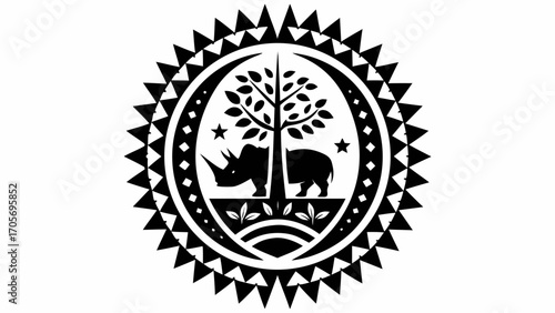 Black and white rhino silhouette with tree and stars inside decorative circle with triangle border design