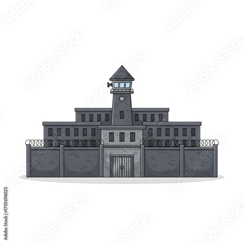 Flat cartoon vector of prison building with barred windows, gray tones, minimal style