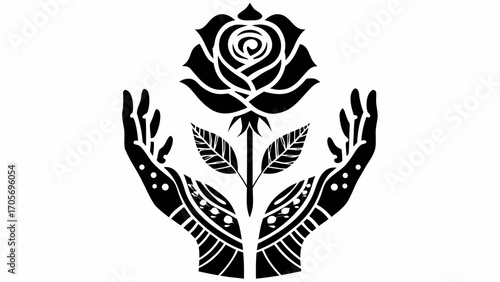 Stylized rose held by two hands with decorative elements in black and white illustration design art silhouette