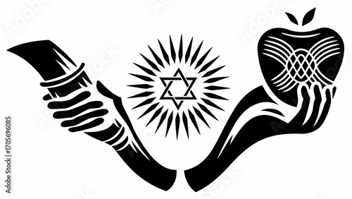 Stylized image featuring hands holding an apple and a shofar with a star of david in the center silhouette