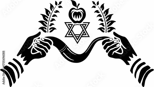 A symbolic representation featuring hands holding a shofar beneath an apple and star of david design silhouette