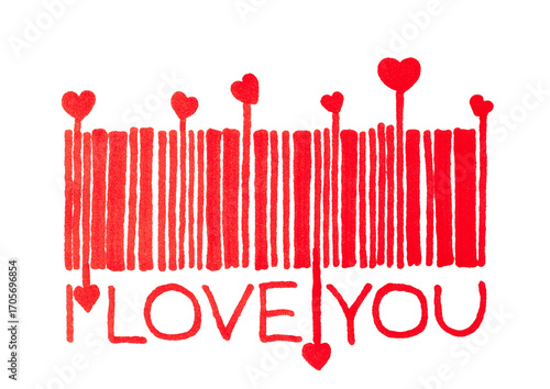 A hand-drawn illustration of a barcode with red hearts and the words 