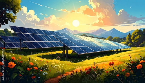 Fototapeta Naklejka Na Ścianę i Meble -  Solar panels on a sunny meadow with mountains in the background