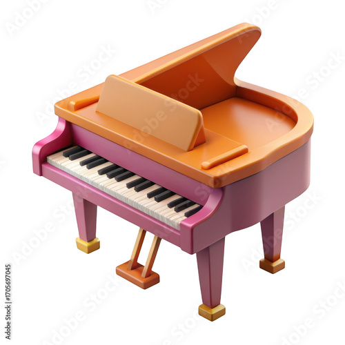 Stylized 3d grand piano with pink and orange colors isolated on transparent background