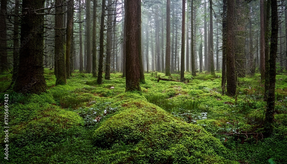 Obraz premium Forest Misty Dense Evergreen Forest Mossy Ground Cover