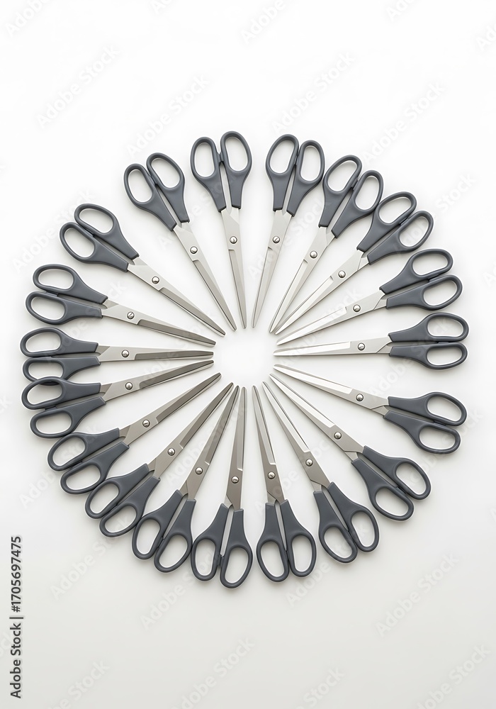 Fototapeta premium Arrangement of Scissors forming a Circular pattern on a White Background