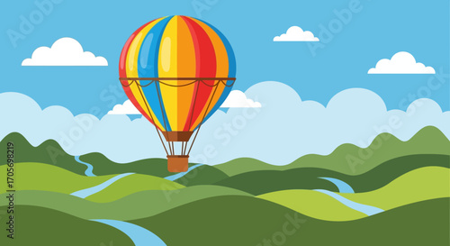 Colorful striped hot air balloon with a passenger basket.