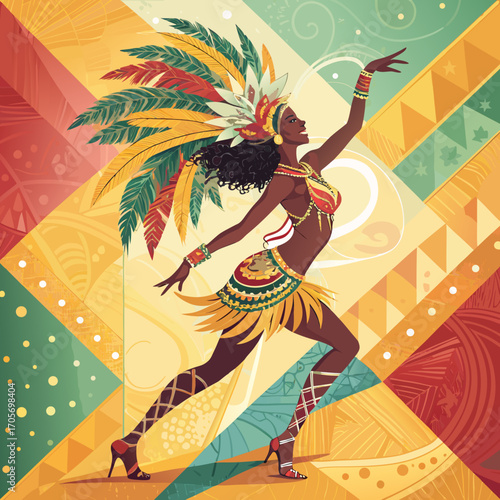 Vector Illustration of Brazilian Samba Dancer in Colorful Carnival Costume with Festival Background