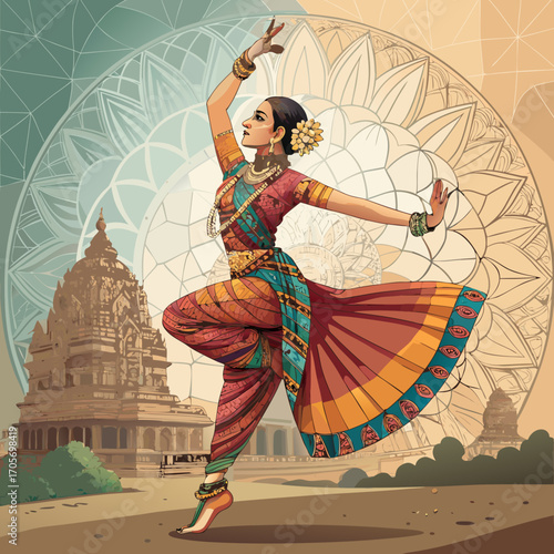 Vector Illustration of Indian Bharatanatyam Dancer in Traditional Costume with Cultural Background