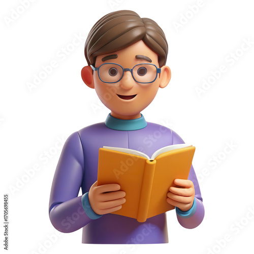 Smiling 3d cartoon man wearing glasses and a purple sweater reading an open orange book isolated on transparent background