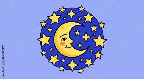 Cute Smiling Crescent Moon Surrounded by Yellow Stars.
