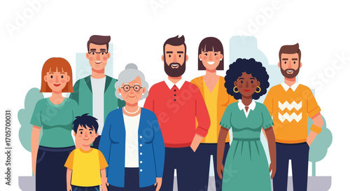 Diverse family portrait showcasing unity and togetherness in a group.
