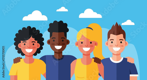 Diverse group of happy young friends smiling together.