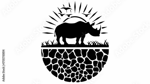 Silhouette of a rhino under the sun with birds and grass above a giraffe pattern in a circular design