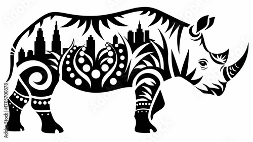 Stylized black and white rhino silhouette filled with city skyline and decorative tribal elements design