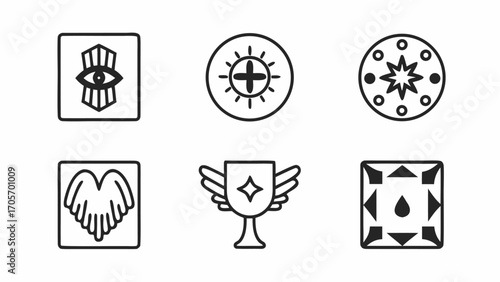 Illustration of six different icons including an eye, hands, a trophy, and geometric shapes design silhouette