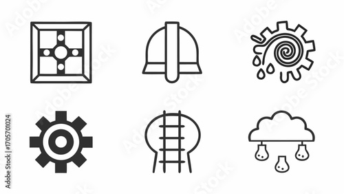 A collection of steampunk icons including a square design, helmet, gear, tank and cloud with droplets silhouette