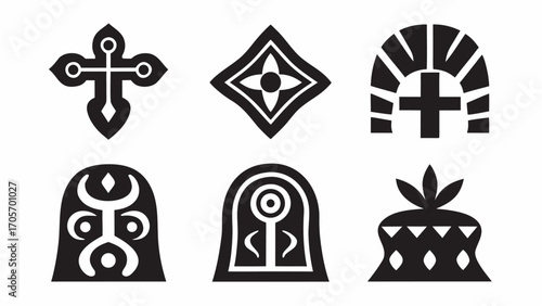 Collection of six distinct black and white cultural or religious symbols in a vector graphic design silhouette