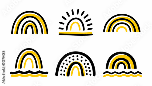 Collection of six stylized rainbows with black outlines and yellow fill on a white background design silhouette