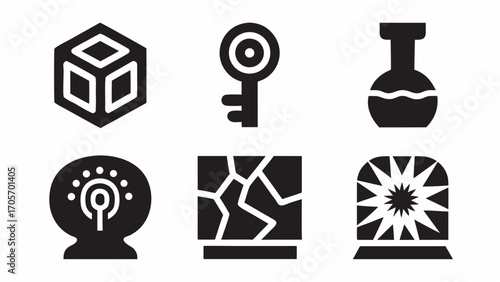 Illustration of a cube, key, potion bottle, crystal ball, cracked surface and a starburst lantern design silhouette