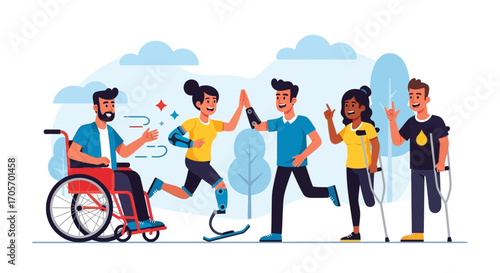 Diverse group of people with disabilities celebrating inclusion and adaptive sports.