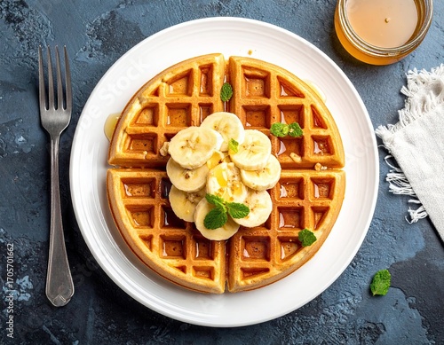 Overhead View of Waffles with Banana Slices and Honey