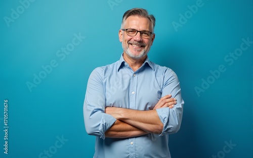 Happy mature man in his forties wearing casual shirt standing isolated on blue background. Smiling middle aged professional businessman looking at camera with arms crossed, portrait. High quality