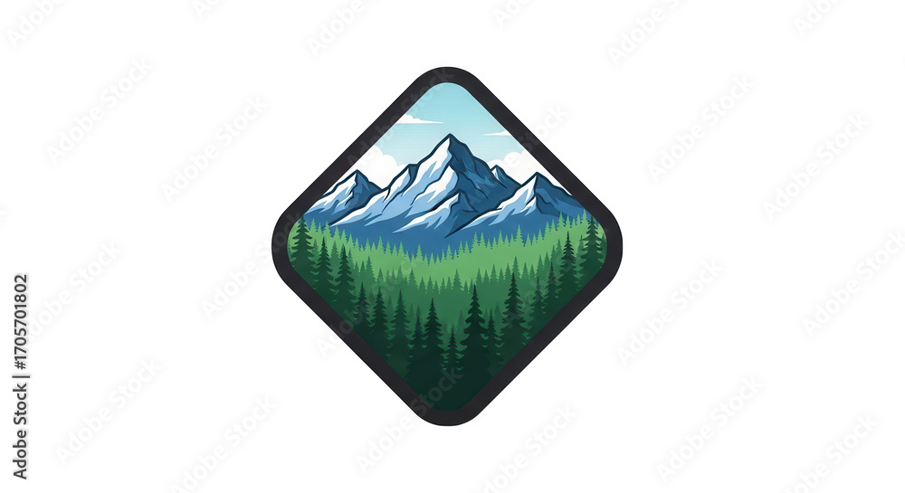 Fototapeta premium Mountain and forest landscape in rhombus frame isolated on transparent background