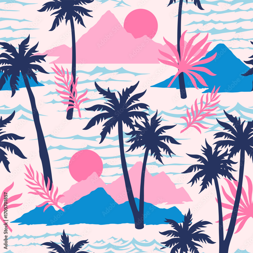 Naklejka premium Tropical landscape with mountains and palm trees