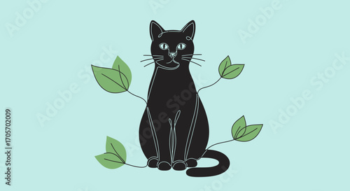 Elegant black cat sitting gracefully surrounded by fresh green leaves.