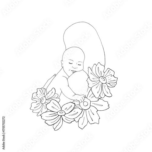 Mother hugs her little baby line art. Mom holds child graphic vector illustration. Anemone flower card to Mother's Day, postcards, maternity hospital design, parenthood article, children care product